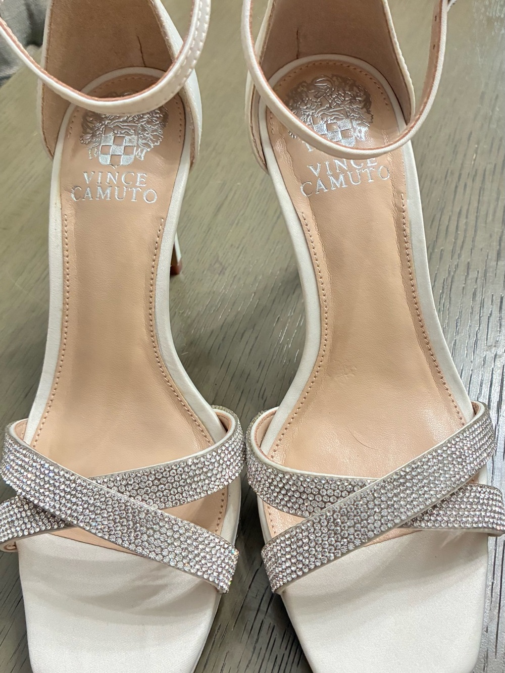 Vince Camuto Ivory Rhinestone Crisscross Ankle-Strap Heels